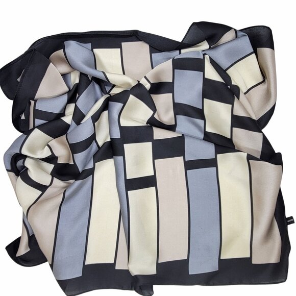 ✨Luxury Silky Square Scarf Black Gray Beige Geometric Block Print Versatile Wrap - Picture 5 of 6